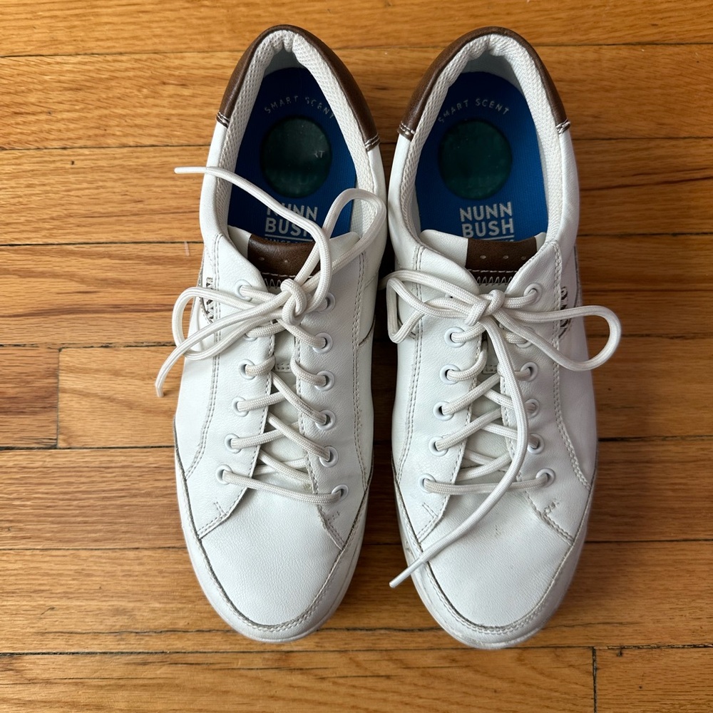 Nunn Bush White Leather Low-Top Sneakers with Brown Accent